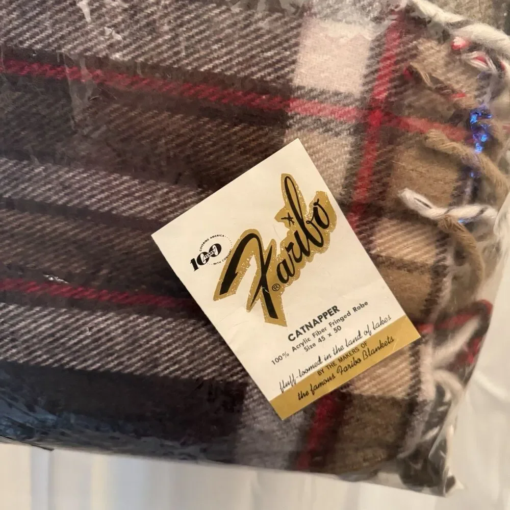 Vintage Faribo Catnapper Lap Blanket Throw Plaid Acrylic Fringe 45x50 USA